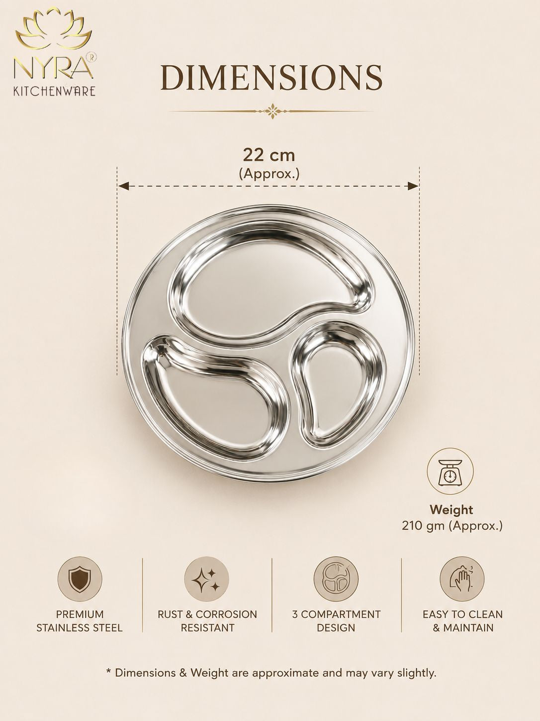 Stainless Steel 3-Compartment Dinner Plates | Mango-shaped Plates for Meals & Snacks |