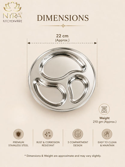 Stainless Steel 3-Compartment Dinner Plates | Mango-shaped Plates for Meals & Snacks |