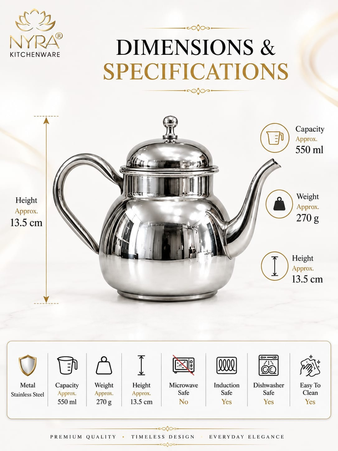 Stainless Steel Tea Pot/Tea or Coffee Kettle with Mirror Finish – Durable and Elegant Silver Tea Pot for Modern Kitchens