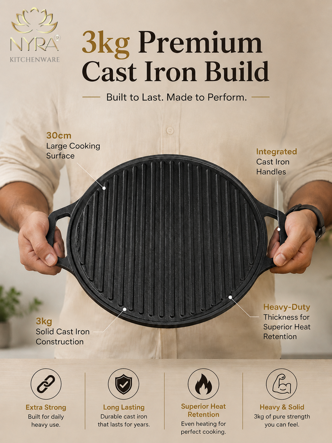 2-in-1 Cast Iron Dosa Tawa & Grill | Naturally Non-Stick, Induction & Gas Compatible