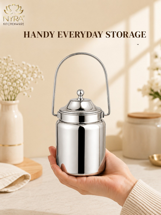 Stainless Steel Mini Oil Canister with Lid & Handle | Multipurpose Kitchen Storage Container/Barni