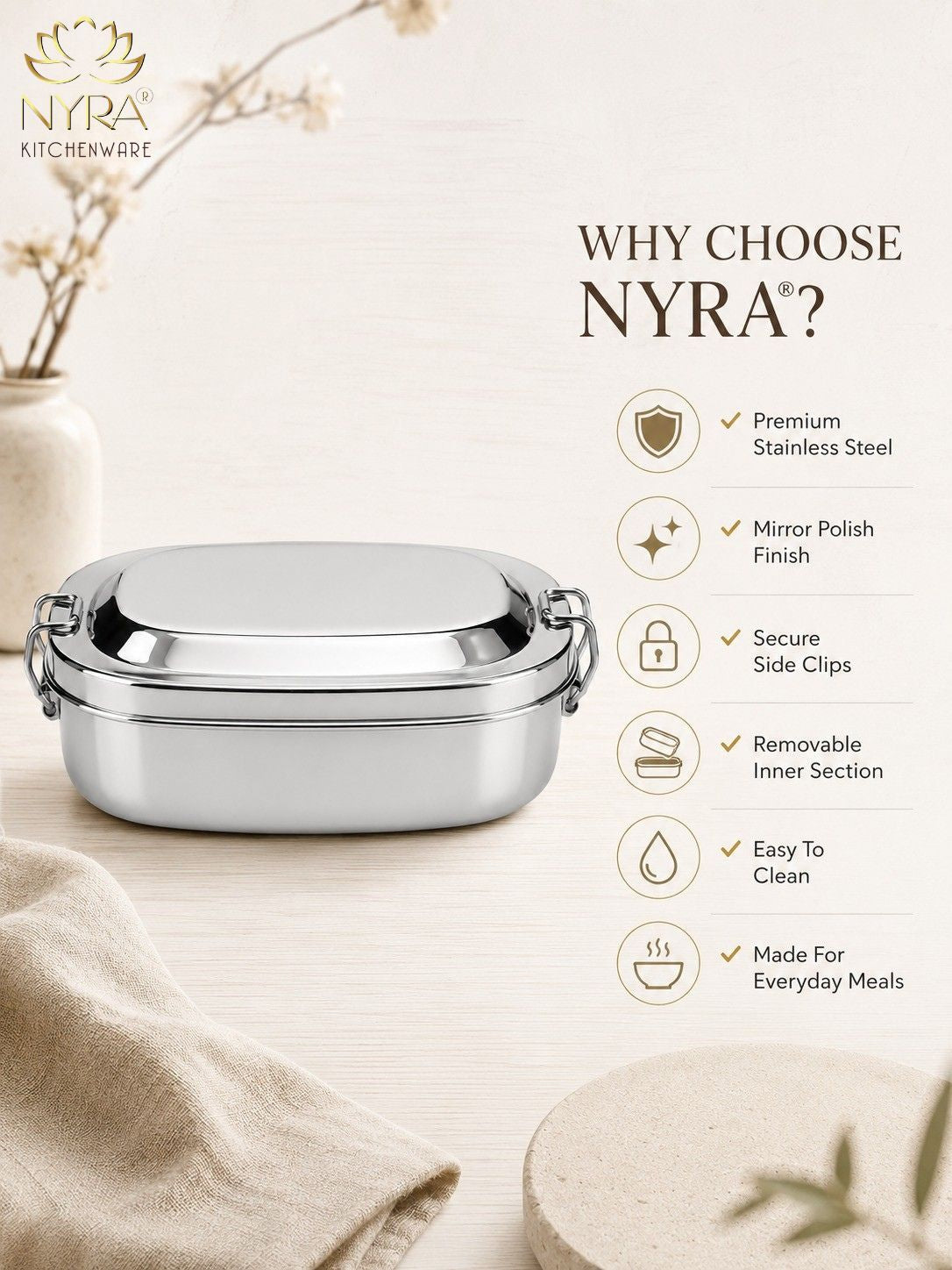 Stainless Steel Lunch Box for School & Office | Glossy Steel Tiffin Box with Double Decker Separator | Durable Food Storage Container for Kids & Adults