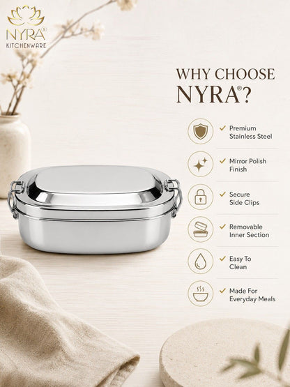 Stainless Steel Lunch Box for School & Office | Glossy Steel Tiffin Box with Double Decker Separator | Durable Food Storage Container for Kids & Adults