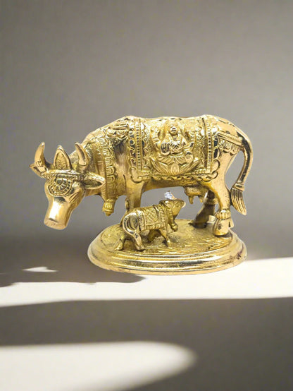 Pure Brass Kamdhenu Cow and Calf Idol | Handcrafted Gau Mata Statue with Detailed Carvings - Vastu & Pooja Decorative Showpiece
