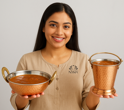 Copper Hammered Wok & Bucket Set - Traditional Serveware Set | Stainless Steel Inside & Copper Outside Balti & Kadhai