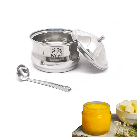 Nyra® Stainless Steel Cure Ghee Pot With Spoon|Oil Pot |Ghee Storage Container| For Kitchen And Mandir|