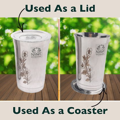 Premium Stainless Steel Floral Print Glass Set with Lid | Coaster