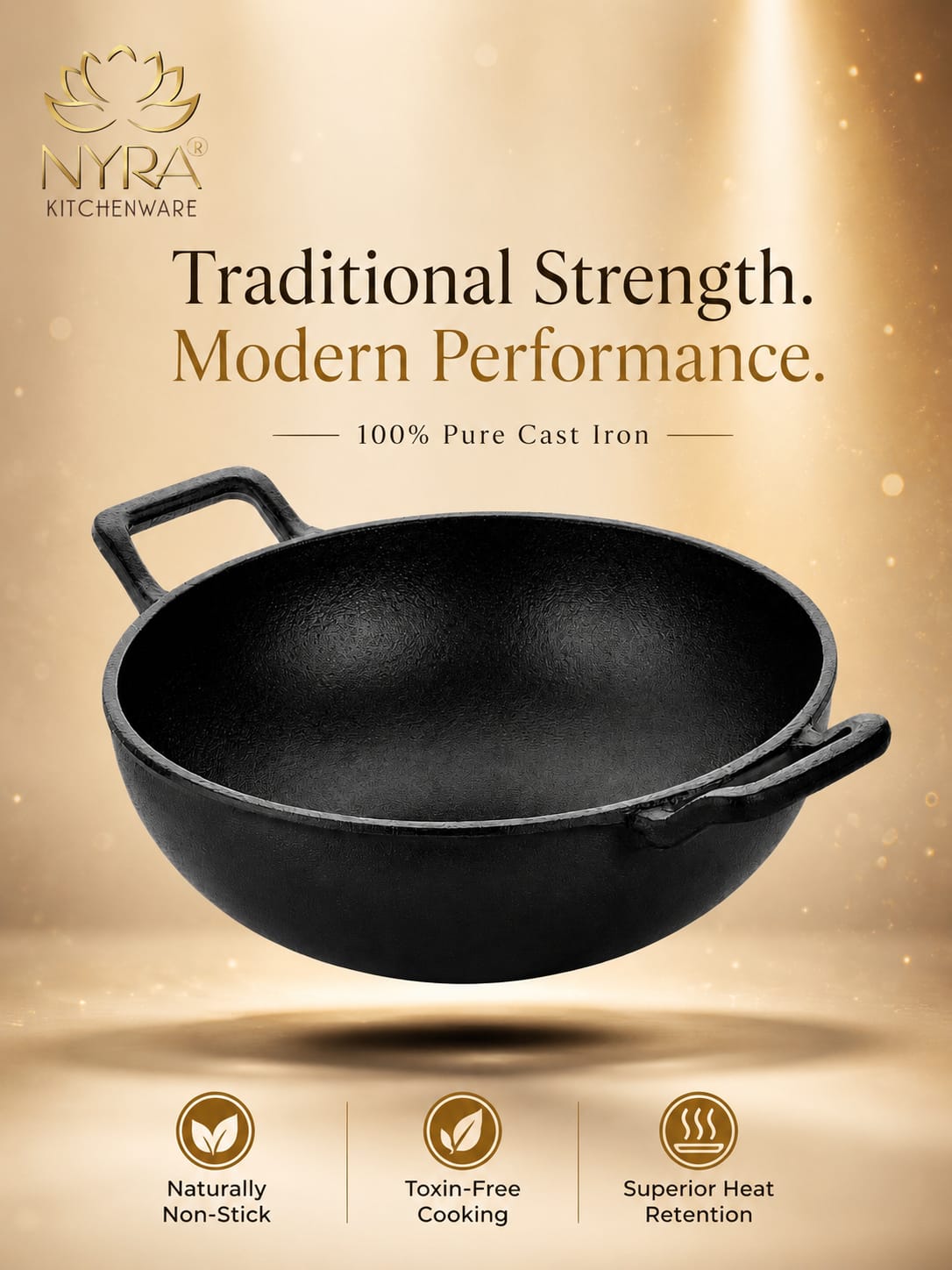 Pre-Seasoned Cast Iron Wok/Kadhai | Pure, Toxin-Free & Naturally Non-Stick
