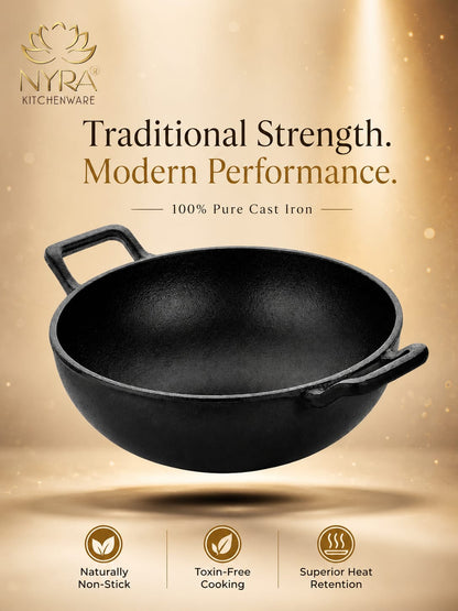 Pre-Seasoned Cast Iron Wok/Kadhai | Pure, Toxin-Free & Naturally Non-Stick