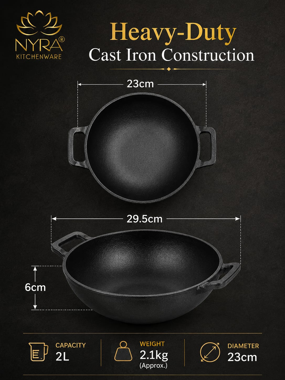 Pre-Seasoned Cast Iron Wok/Kadhai | Pure, Toxin-Free & Naturally Non-Stick