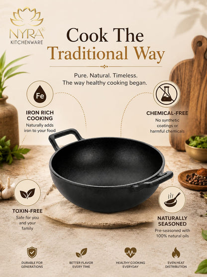 Pre-Seasoned Cast Iron Wok/Kadhai | Pure, Toxin-Free & Naturally Non-Stick
