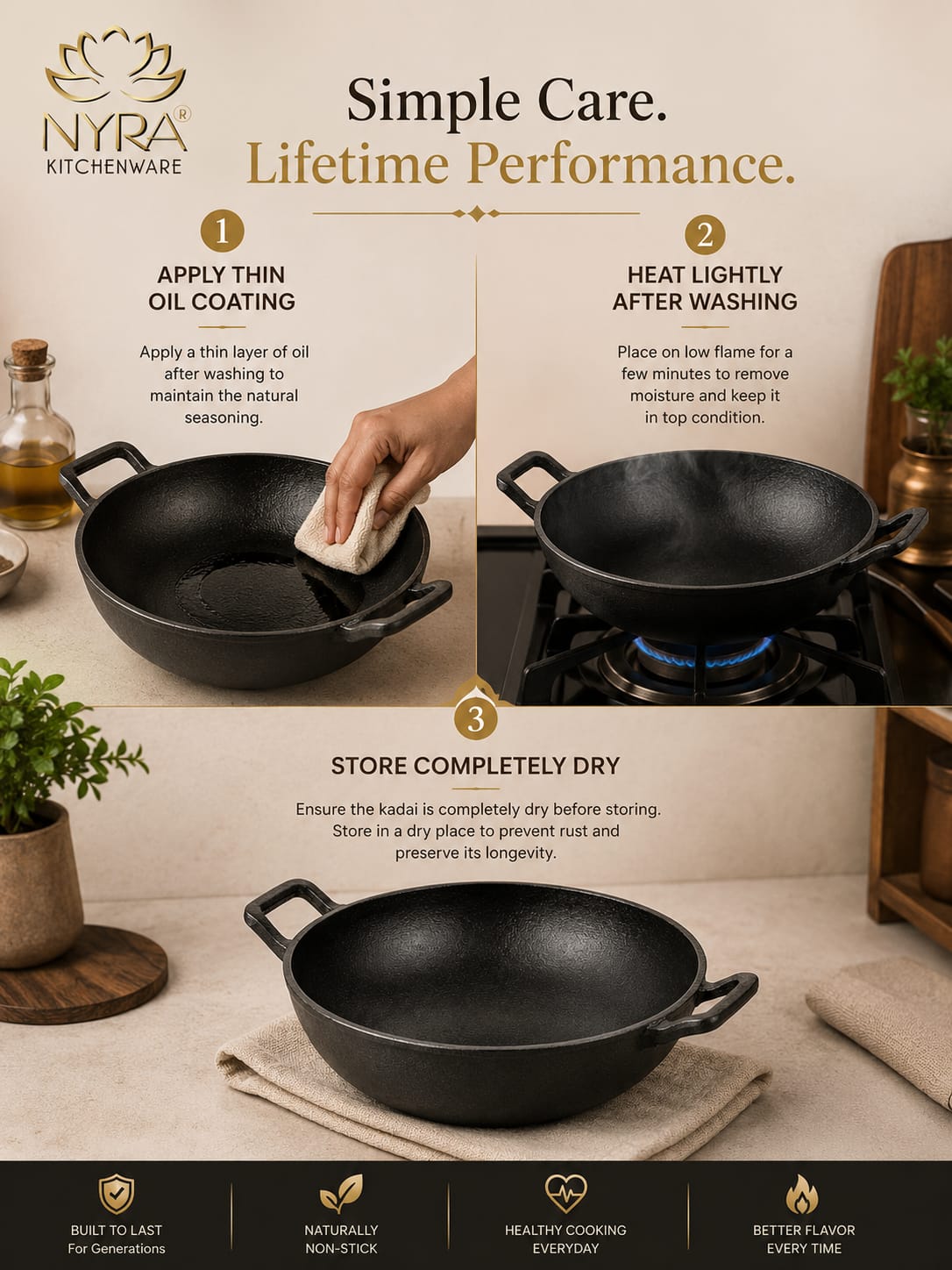 Pre-Seasoned Cast Iron Wok/Kadhai | Pure, Toxin-Free & Naturally Non-Stick