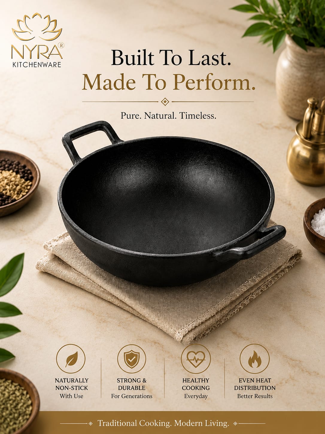 Pre-Seasoned Cast Iron Wok/Kadhai | Pure, Toxin-Free & Naturally Non-Stick