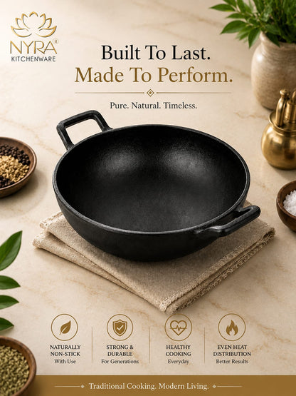 Pre-Seasoned Cast Iron Wok/Kadhai | Pure, Toxin-Free & Naturally Non-Stick