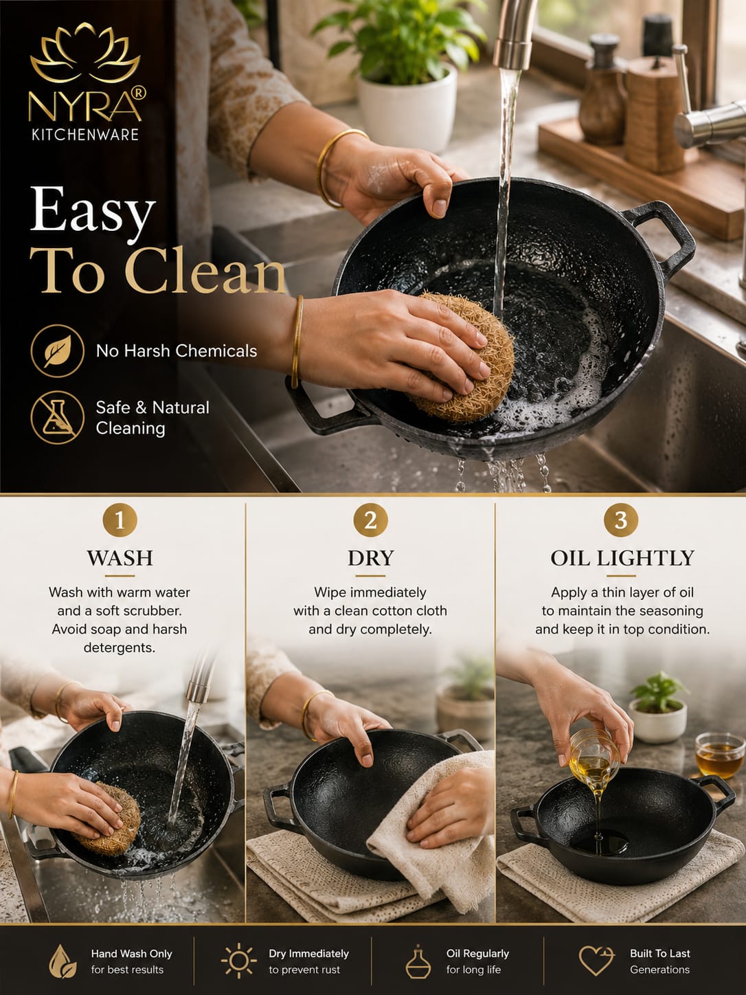 Pre-Seasoned Cast Iron Wok/Kadhai | Pure, Toxin-Free & Naturally Non-Stick
