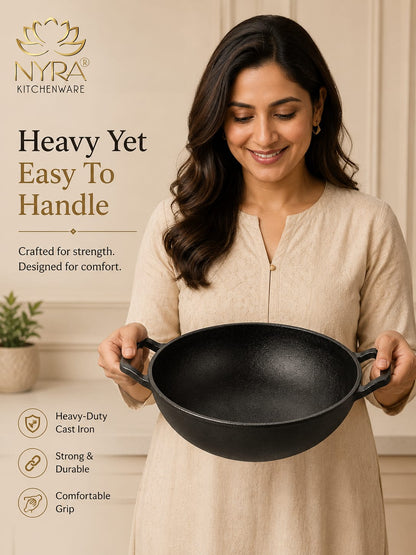 Pre-Seasoned Cast Iron Wok/Kadhai | Pure, Toxin-Free & Naturally Non-Stick
