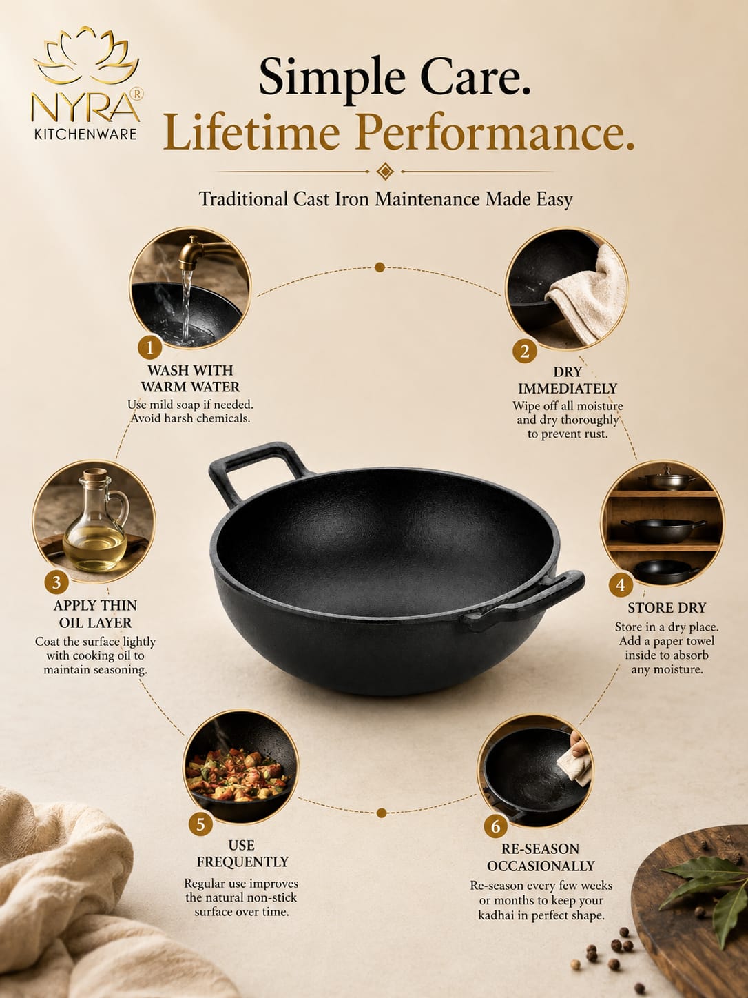 Pre-Seasoned Cast Iron Wok/Kadhai | Pure, Toxin-Free & Naturally Non-Stick