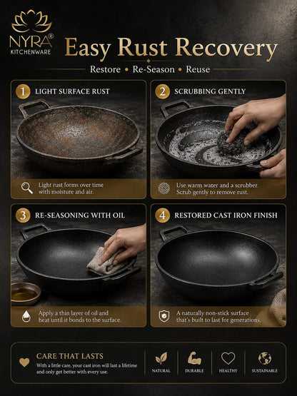 Pre-Seasoned Cast Iron Wok/Kadhai | Pure, Toxin-Free & Naturally Non-Stick