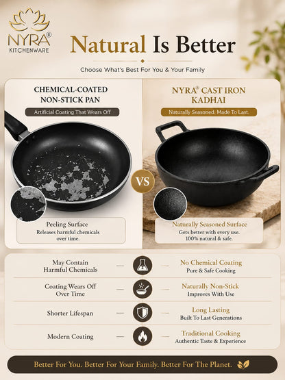 Pre-Seasoned Cast Iron Wok/Kadhai | Pure, Toxin-Free & Naturally Non-Stick