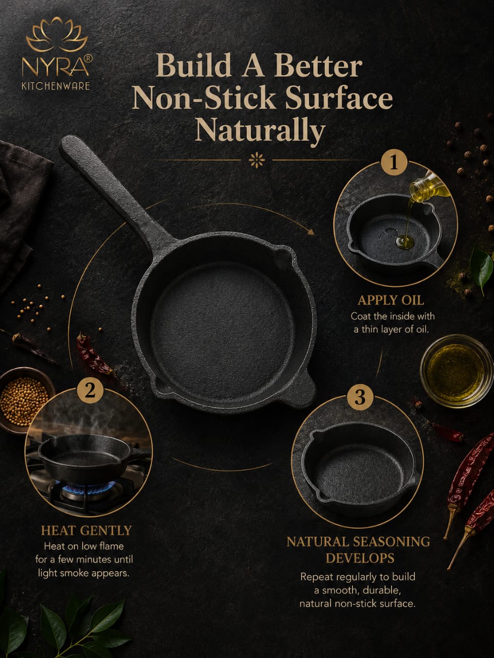 Cast Iron Tadka Pan | Pre-Seasoned, No Chemical Coating (Gas & Induction)