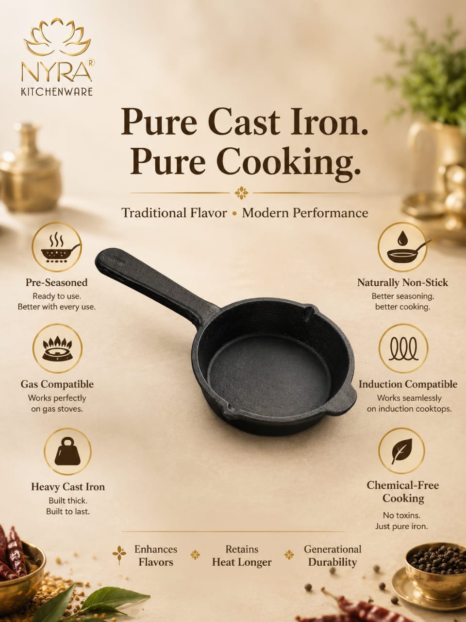Cast Iron Tadka Pan | Pre-Seasoned, No Chemical Coating (Gas & Induction)