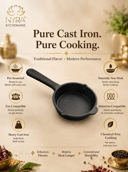 Cast Iron Tadka Pan | Pre-Seasoned, No Chemical Coating (Gas & Induction)