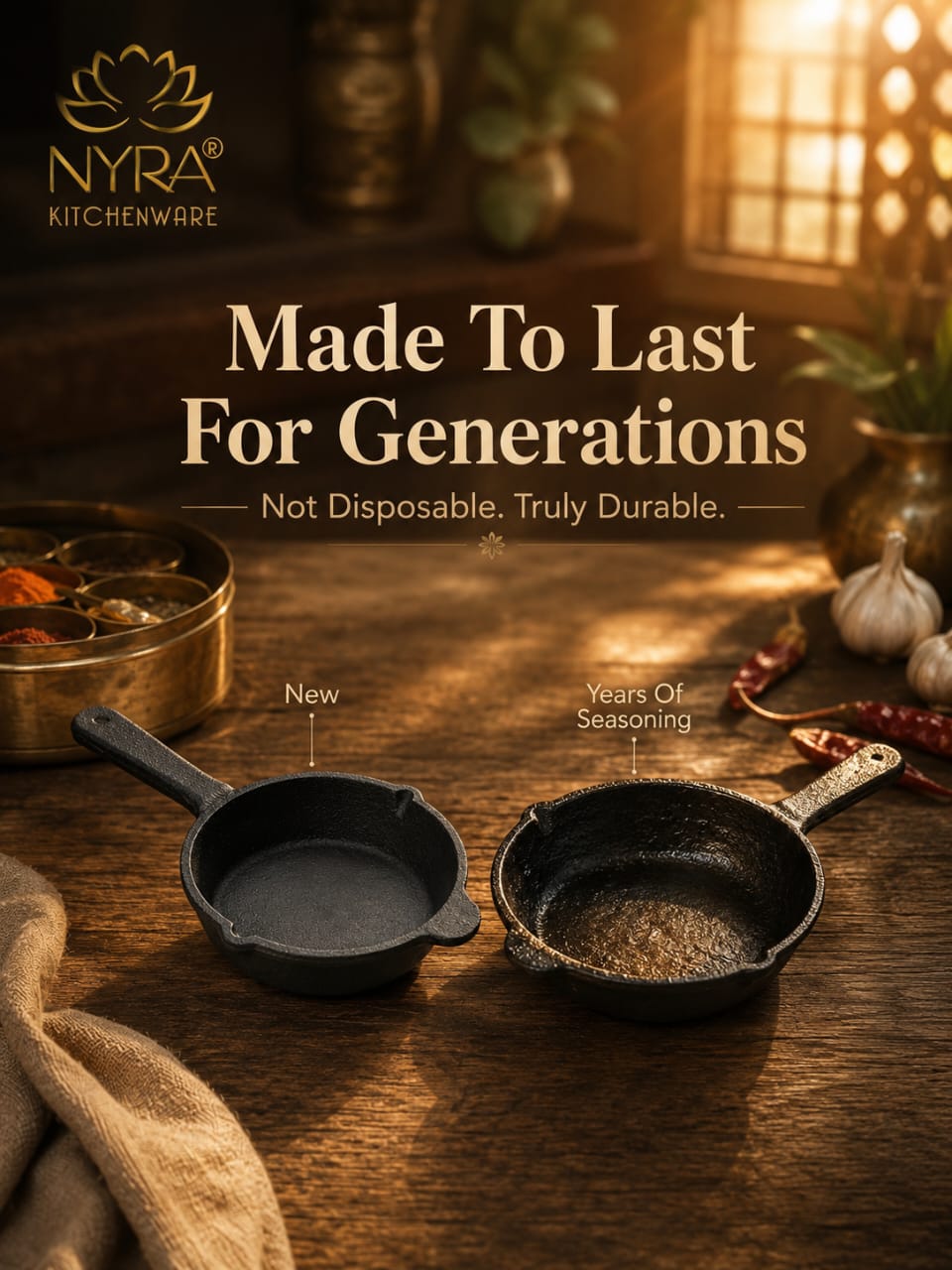 Cast Iron Tadka Pan | Pre-Seasoned, No Chemical Coating (Gas & Induction)