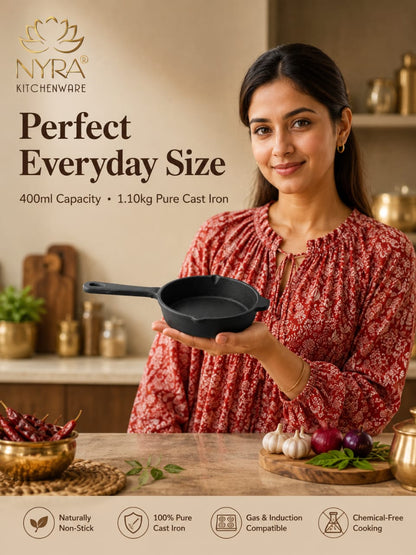 Cast Iron Tadka Pan | Pre-Seasoned, No Chemical Coating (Gas & Induction)