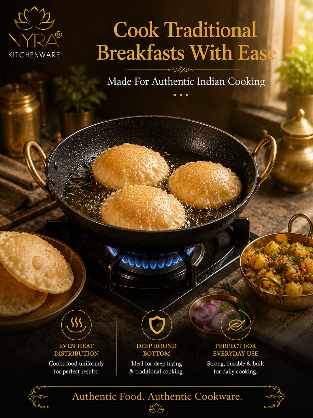 Black Iron Wok with Golden Handles | Heavy Duty Iron Kadhai for Frying, Sautéing & Traditional Cooking | Deep Round Bottom Matte Black Finish | Premium Iron Cookware