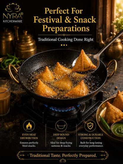 Black Iron Wok with Golden Handles | Heavy Duty Iron Kadhai for Frying, Sautéing & Traditional Cooking | Deep Round Bottom Matte Black Finish | Premium Iron Cookware