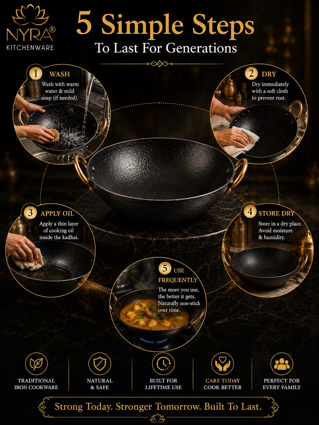 Black Iron Wok with Golden Handles | Heavy Duty Iron Kadhai for Frying, Sautéing & Traditional Cooking | Deep Round Bottom Matte Black Finish | Premium Iron Cookware