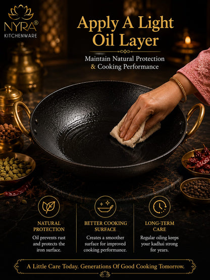 Black Iron Wok with Golden Handles | Heavy Duty Iron Kadhai for Frying, Sautéing & Traditional Cooking | Deep Round Bottom Matte Black Finish | Premium Iron Cookware