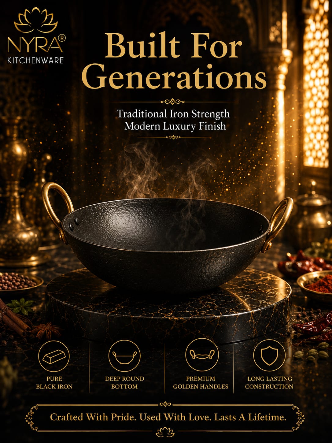 Black Iron Wok with Golden Handles | Heavy Duty Iron Kadhai for Frying, Sautéing & Traditional Cooking | Deep Round Bottom Matte Black Finish | Premium Iron Cookware