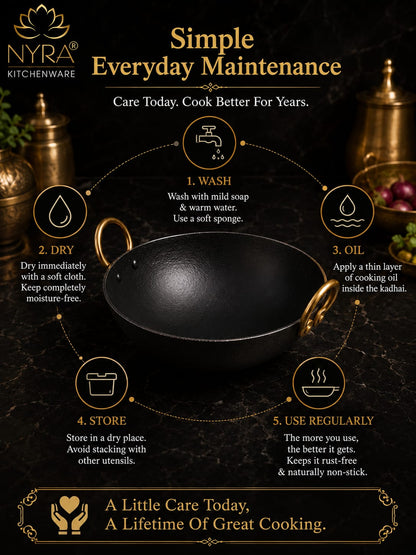Black Iron Wok with Golden Handles | Heavy Duty Iron Kadhai for Frying, Sautéing & Traditional Cooking | Deep Round Bottom Matte Black Finish | Premium Iron Cookware