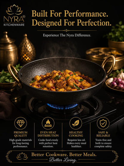 Black Iron Wok with Golden Handles | Heavy Duty Iron Kadhai for Frying, Sautéing & Traditional Cooking | Deep Round Bottom Matte Black Finish | Premium Iron Cookware