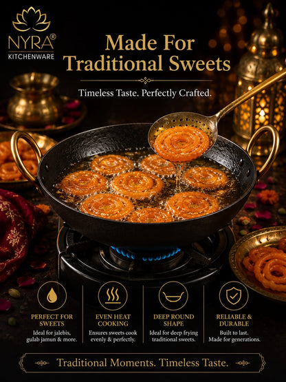 Black Iron Wok with Golden Handles | Heavy Duty Iron Kadhai for Frying, Sautéing & Traditional Cooking | Deep Round Bottom Matte Black Finish | Premium Iron Cookware
