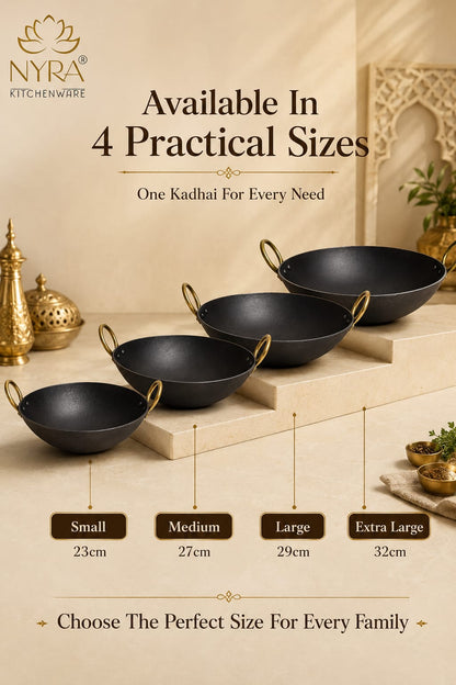 Black Iron Wok with Golden Handles | Heavy Duty Iron Kadhai for Frying, Sautéing & Traditional Cooking | Deep Round Bottom Matte Black Finish | Premium Iron Cookware