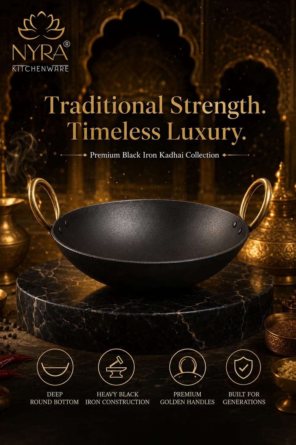 Black Iron Wok with Golden Handles | Heavy Duty Iron Kadhai for Frying, Sautéing & Traditional Cooking | Deep Round Bottom Matte Black Finish | Premium Iron Cookware