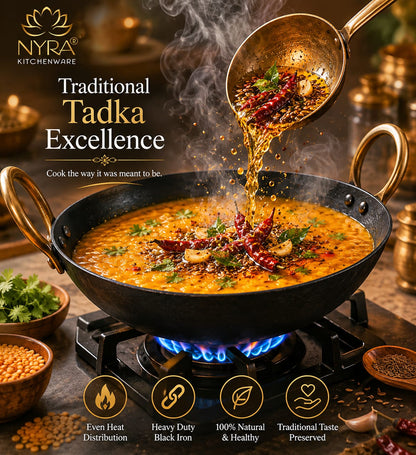 Black Iron Wok with Golden Handles | Heavy Duty Iron Kadhai for Frying, Sautéing & Traditional Cooking | Deep Round Bottom Matte Black Finish | Premium Iron Cookware