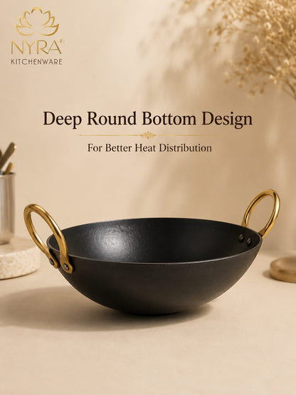 Black Iron Wok with Golden Handles | Heavy Duty Iron Kadhai for Frying, Sautéing & Traditional Cooking | Deep Round Bottom Matte Black Finish | Premium Iron Cookware