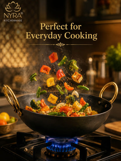 Black Iron Wok with Golden Handles | Heavy Duty Iron Kadhai for Frying, Sautéing & Traditional Cooking | Deep Round Bottom Matte Black Finish | Premium Iron Cookware