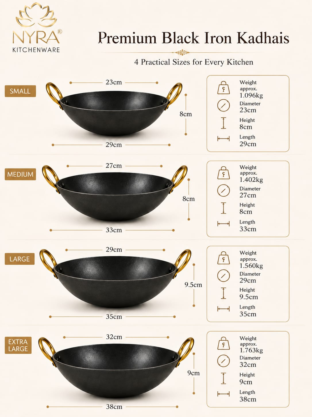 Black Iron Wok with Golden Handles | Heavy Duty Iron Kadhai for Frying, Sautéing & Traditional Cooking | Deep Round Bottom Matte Black Finish | Premium Iron Cookware
