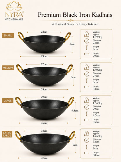 Black Iron Wok with Golden Handles | Heavy Duty Iron Kadhai for Frying, Sautéing & Traditional Cooking | Deep Round Bottom Matte Black Finish | Premium Iron Cookware