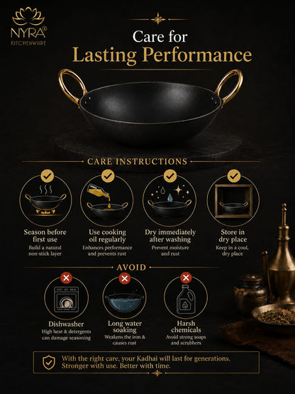 Black Iron Wok with Golden Handles | Heavy Duty Iron Kadhai for Frying, Sautéing & Traditional Cooking | Deep Round Bottom Matte Black Finish | Premium Iron Cookware