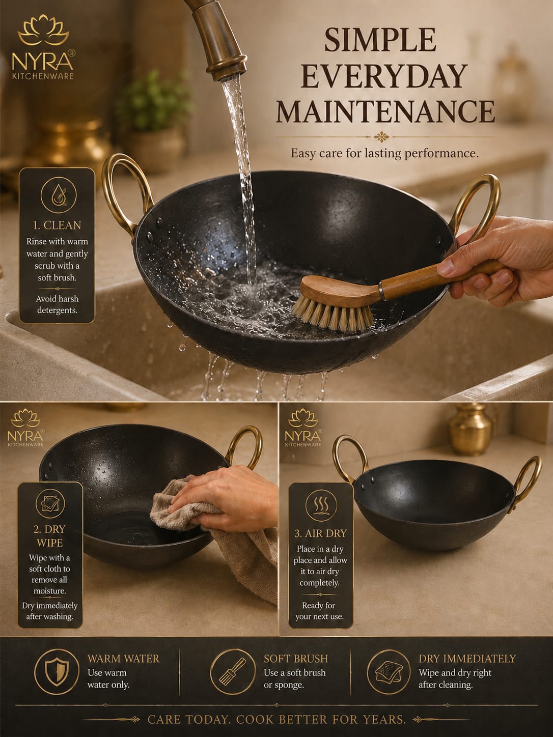 Black Iron Wok with Golden Handles | Heavy Duty Iron Kadhai for Frying, Sautéing & Traditional Cooking | Deep Round Bottom Matte Black Finish | Premium Iron Cookware