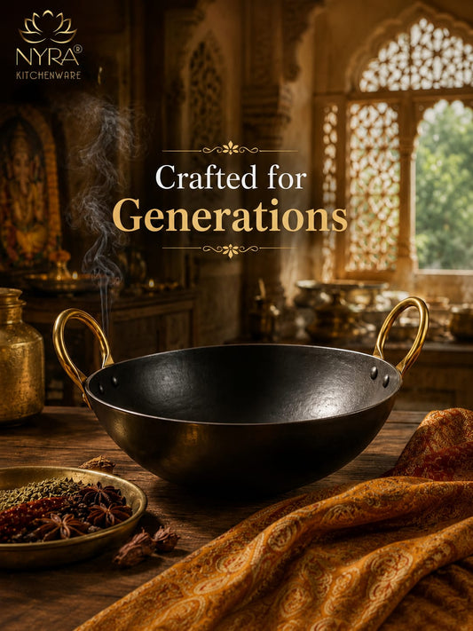 Black Iron Wok with Golden Handles | Heavy Duty Iron Kadhai for Frying, Sautéing & Traditional Cooking | Deep Round Bottom Matte Black Finish | Premium Iron Cookware