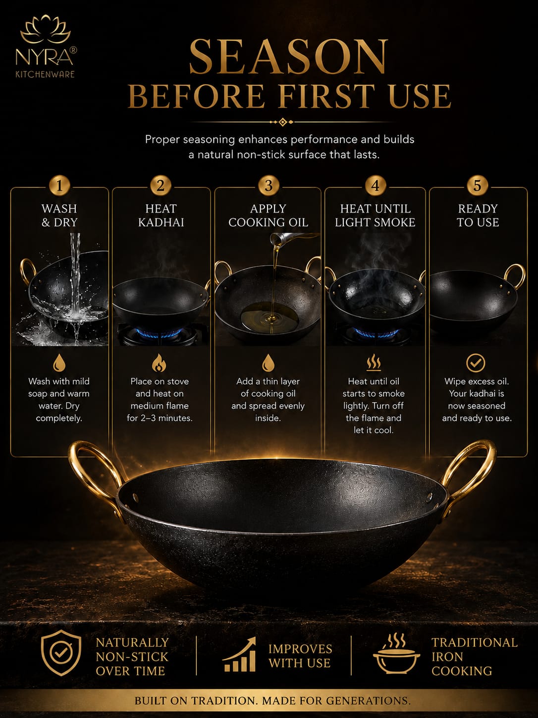 Black Iron Wok with Golden Handles | Heavy Duty Iron Kadhai for Frying, Sautéing & Traditional Cooking | Deep Round Bottom Matte Black Finish | Premium Iron Cookware