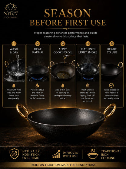 Black Iron Wok with Golden Handles | Heavy Duty Iron Kadhai for Frying, Sautéing & Traditional Cooking | Deep Round Bottom Matte Black Finish | Premium Iron Cookware