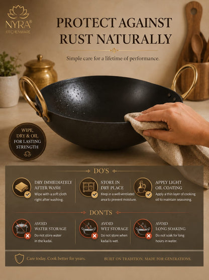 Black Iron Wok with Golden Handles | Heavy Duty Iron Kadhai for Frying, Sautéing & Traditional Cooking | Deep Round Bottom Matte Black Finish | Premium Iron Cookware