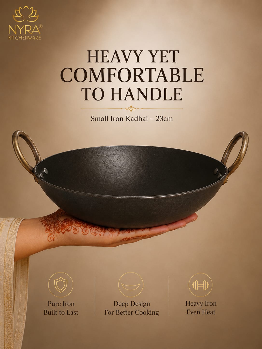 Black Iron Wok with Golden Handles | Heavy Duty Iron Kadhai for Frying, Sautéing & Traditional Cooking | Deep Round Bottom Matte Black Finish | Premium Iron Cookware